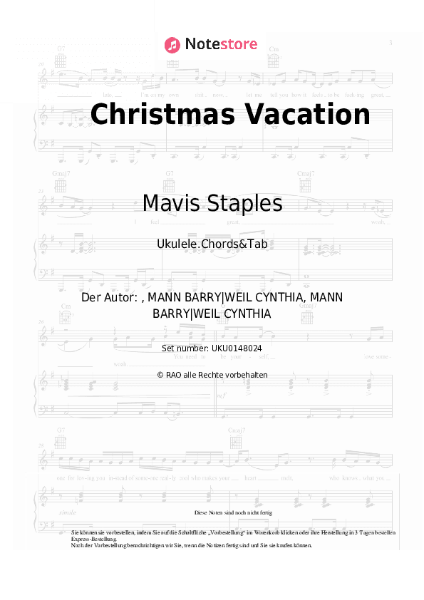 Noten Mavis Staples - Christmas Vacation - Ukulele.Akkorde&Tabs