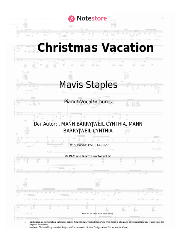 Noten und Akkorde Mavis Staples - Christmas Vacation - Klavier&Gesang&Akkorde