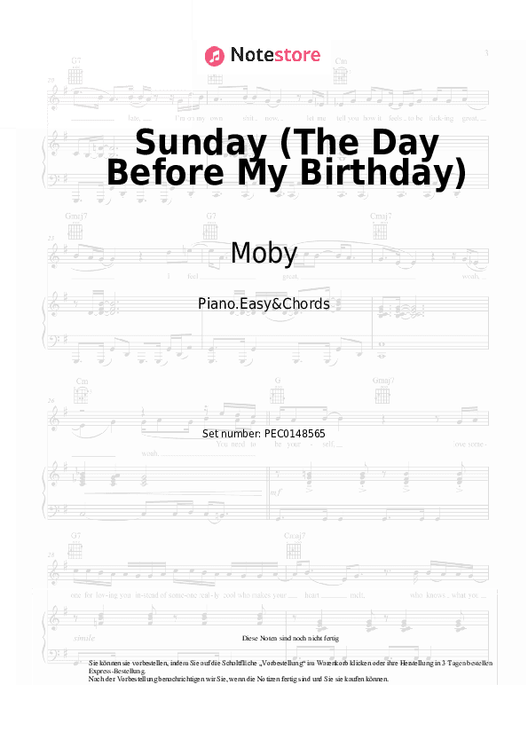 Einfache Noten und Akkorde Moby - Sunday (The Day Before My Birthday) - Klavier.Einfach&Akkorde