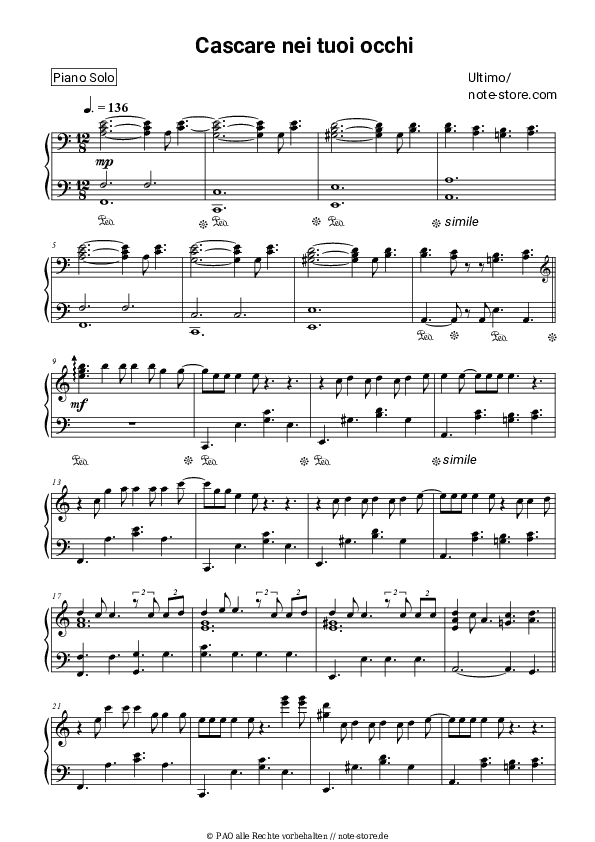 Noten Ultimo - Cascare nei tuoi occhi - Klavier.Solo