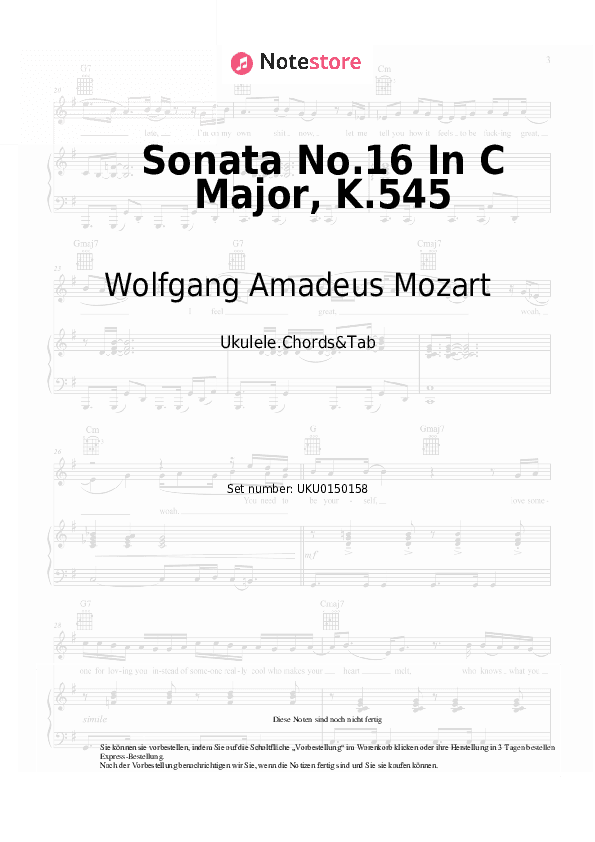 Noten Wolfgang Amadeus Mozart - Sonata No.16 In C Major, K.545 - Ukulele.Akkorde&Tabs