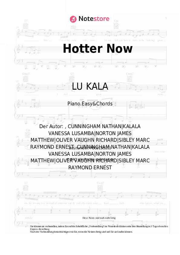 Einfache Noten und Akkorde LU KALA - Hotter Now - Klavier.Einfach&Akkorde