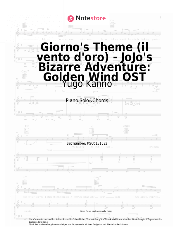 Noten und Akkorde Yugo Kanno - Giorno's Theme (il vento d'oro) - JoJo's Bizarre Adventure: Golden Wind OST - Klavier.Solo&Akkorde