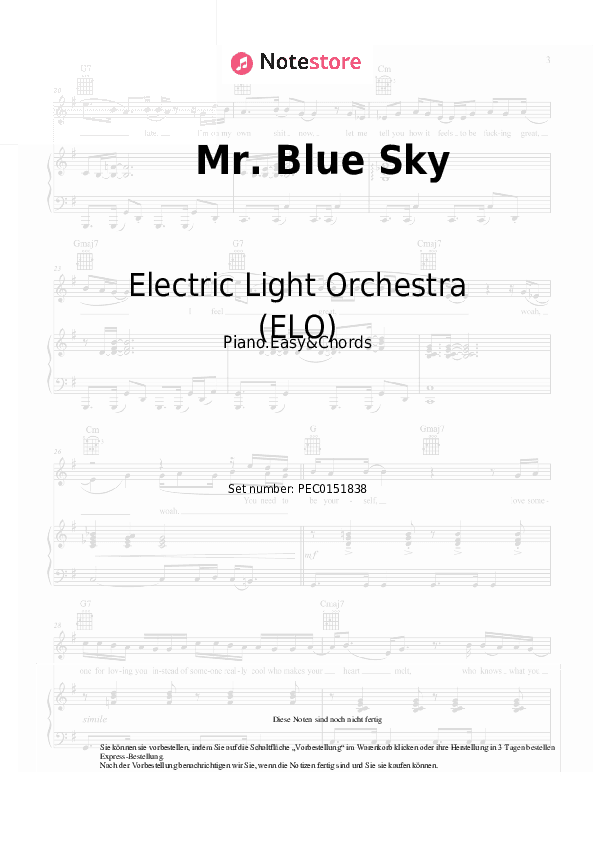 Einfache Noten und Akkorde Electric Light Orchestra (ELO) - Mr. Blue Sky - Klavier.Einfach&Akkorde