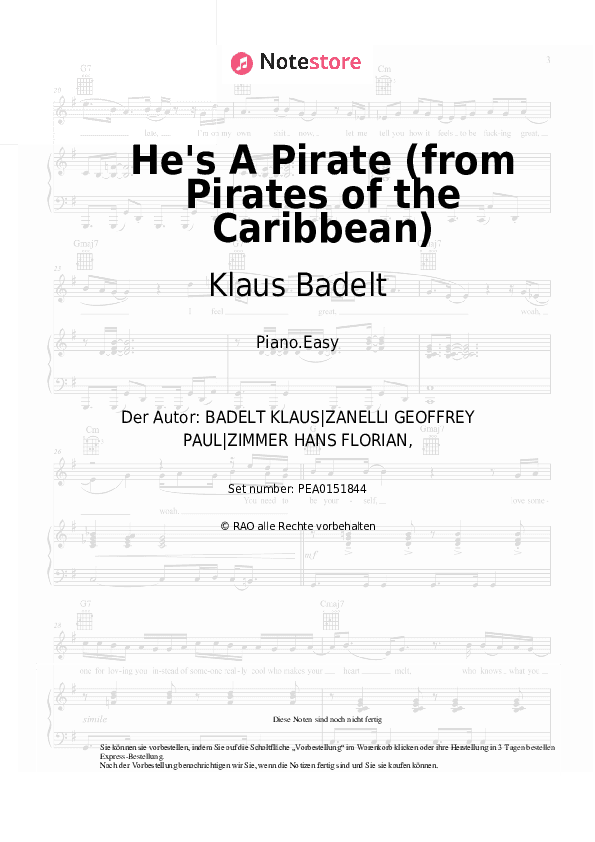 Einfache Noten Klaus Badelt - He's A Pirate (from Pirates of the Caribbean) - Klavier.Einfach