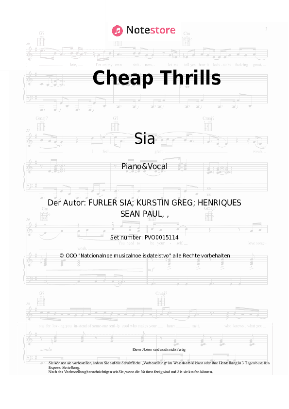 Noten mit Gesang Sia, Sean Paul - Cheap Thrills - Klavier&Gesang