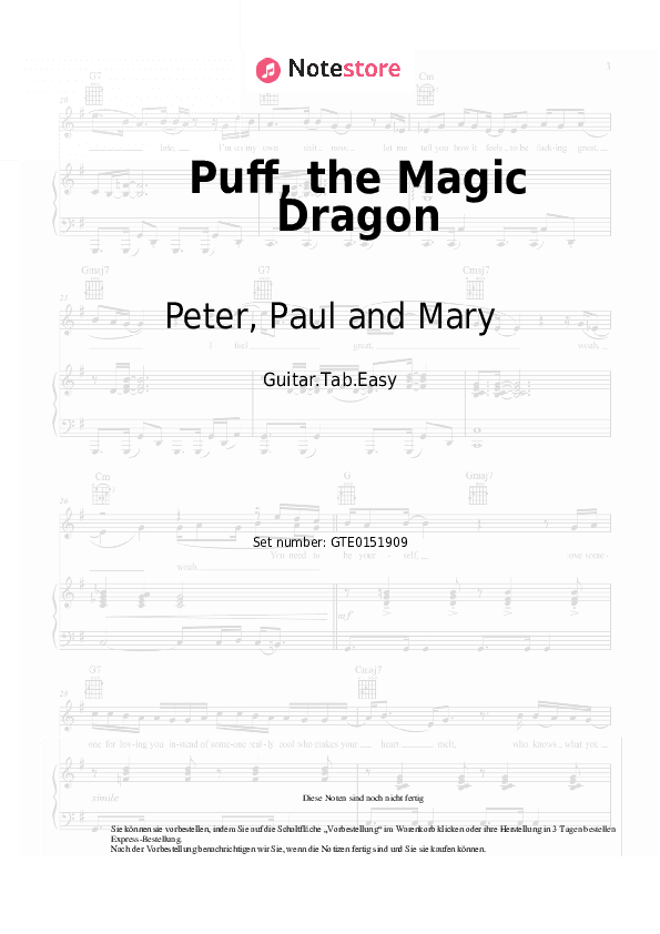 Einfache Tabs Peter, Paul and Mary - Puff, the Magic Dragon - Gitarre.Tabs.Easy