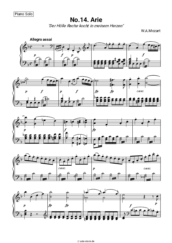 Noten Wolfgang Amadeus Mozart - Queen of the Night Aria (Die Zauberflöte, K.620) - Klavier.Solo