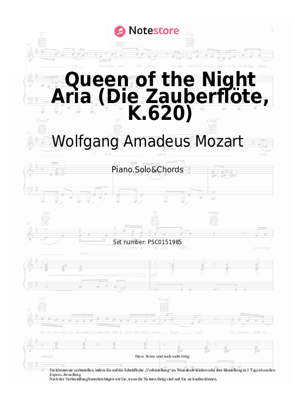 Noten und Akkorde Wolfgang Amadeus Mozart - Queen of the Night Aria (Die Zauberflöte, K.620) - Klavier.Solo&Akkorde