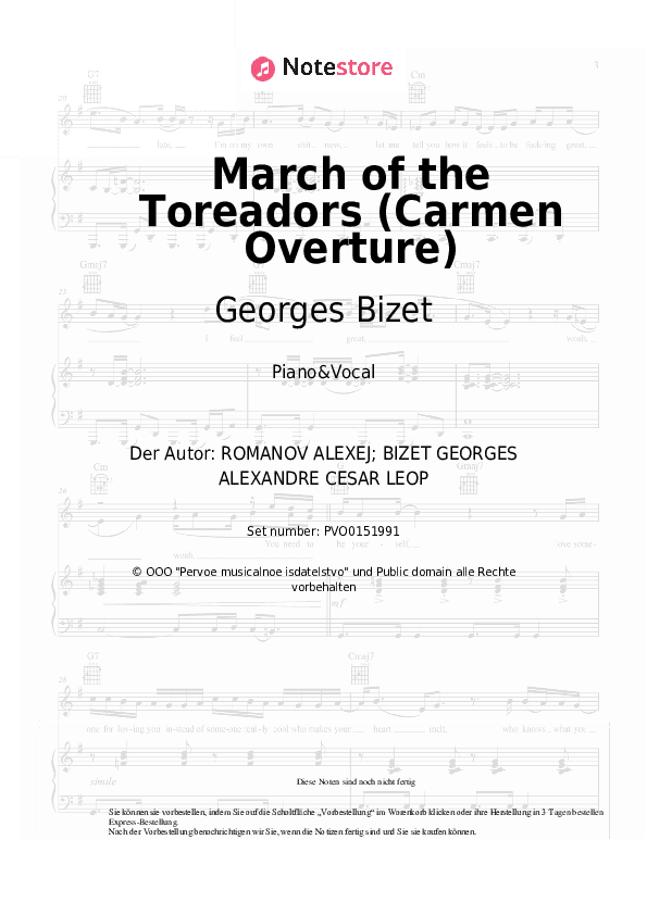 Noten mit Gesang Georges Bizet - March of the Toreadors (Carmen Overture) - Klavier&Gesang