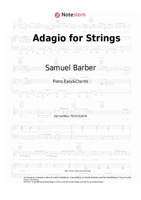 Einfache Noten und Akkorde Samuel Barber - Adagio for Strings - Klavier.Einfach&Akkorde
