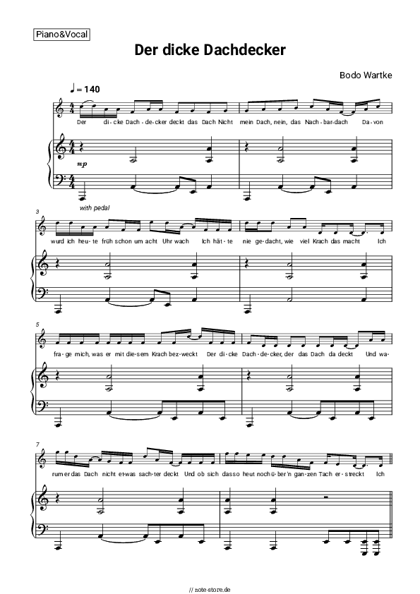Noten mit Gesang Bodo Wartke - Der dicke Dachdecker - Klavier&Gesang
