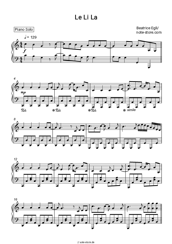 Noten Beatrice Egli - Le Li La - Klavier.Solo