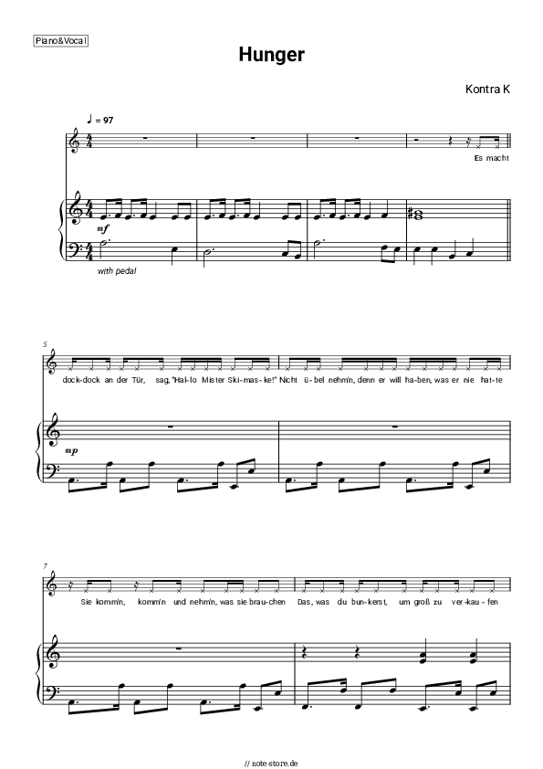 Noten mit Gesang Kontra K - Hunger - Klavier&Gesang