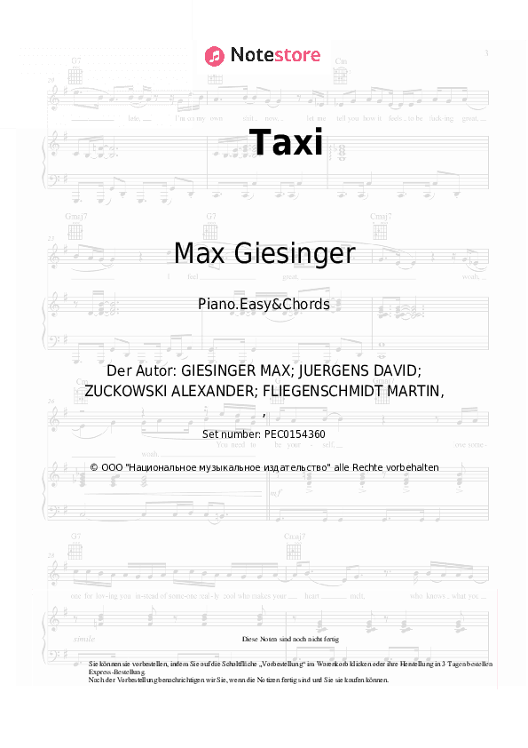 Einfache Noten und Akkorde Max Giesinger - Taxi - Klavier.Einfach&Akkorde