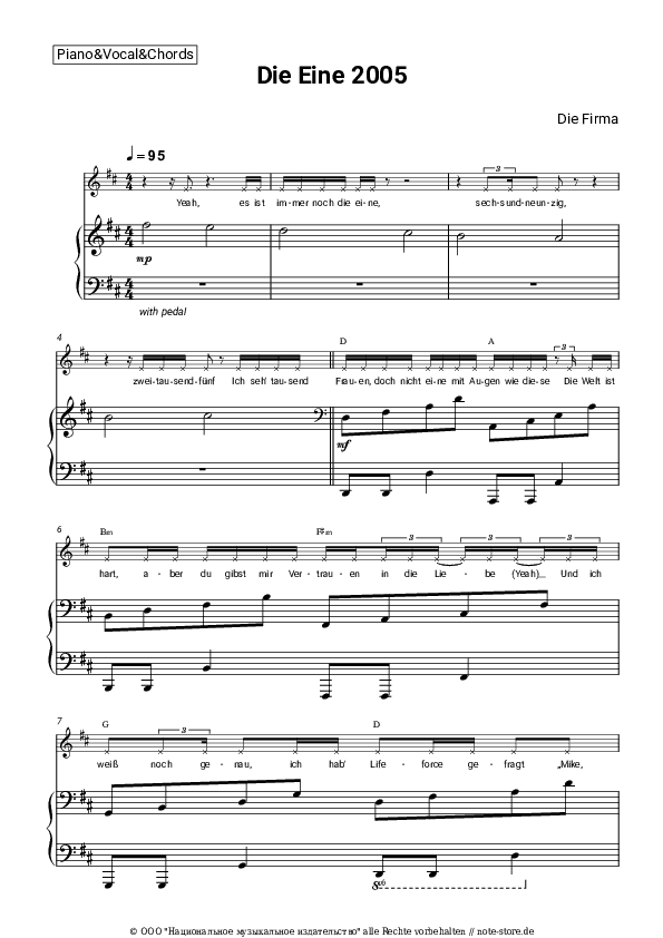 Noten und Akkorde Die Firma - Die Eine 2005 - Klavier&Gesang&Akkorde