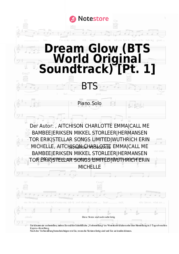 Noten BTS, Charli XCX - Dream Glow (BTS World Original Soundtrack) [Pt. 1] - Klavier.Solo