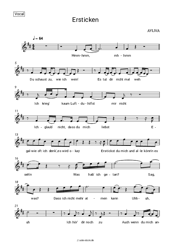 Noten AYLIVA - Ersticken - Gesang