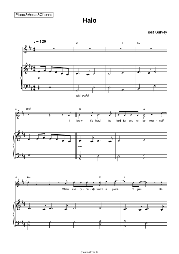 Noten und Akkorde Rea Garvey - Halo - Klavier&Gesang&Akkorde