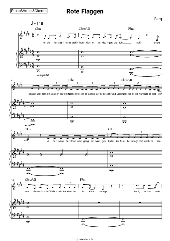 Noten und Akkorde Berq - Rote Flaggen - Klavier&Gesang&Akkorde