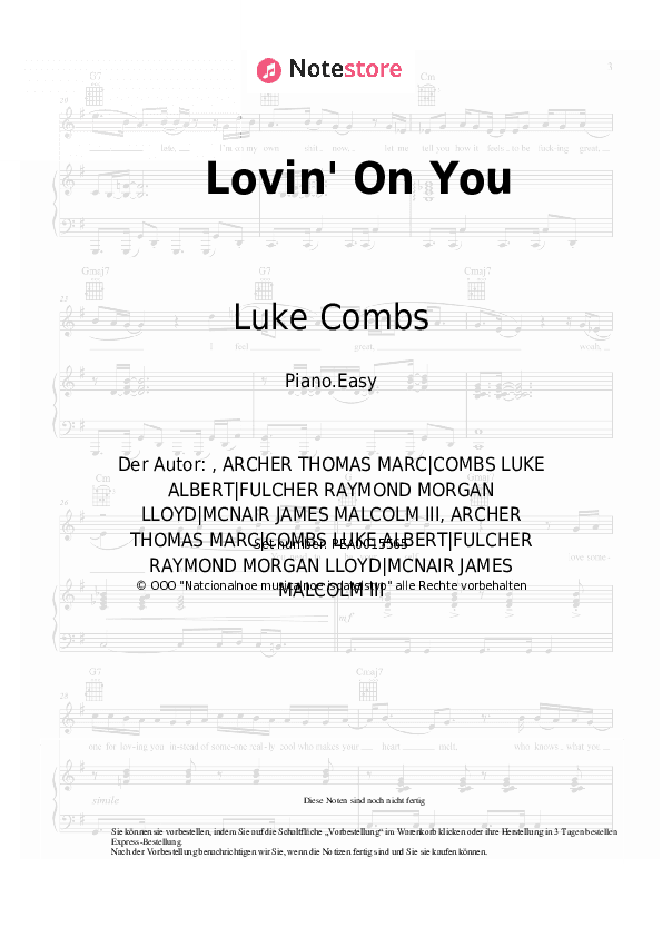 Einfache Noten Luke Combs - Lovin' On You - Klavier.Einfach