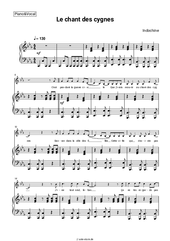 Noten mit Gesang Indochine - Le chant des cygnes - Klavier&Gesang