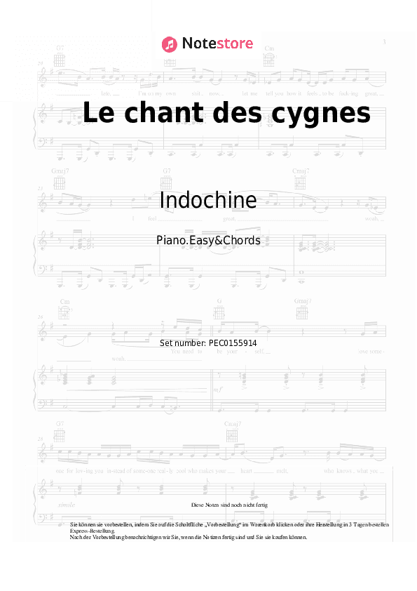 Einfache Noten und Akkorde Indochine - Le chant des cygnes - Klavier.Einfach&Akkorde