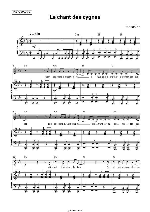 Noten und Akkorde Indochine - Le chant des cygnes - Klavier&Gesang&Akkorde