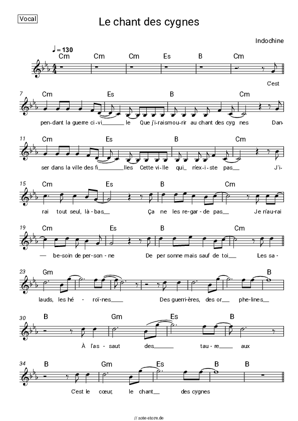 Noten Indochine - Le chant des cygnes - Gesang