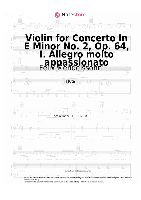 Noten Felix Mendelssohn - Violin for Concerto In E Minor No. 2, Op. 64, I. Allegro molto appassionato - Flöte