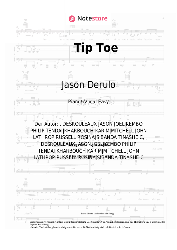 Einfache Noten Jason Derulo, French Montana - Tip Toe - Klavier&Gesang.Einfach