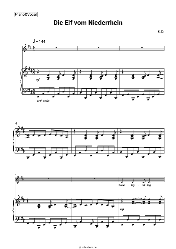 Noten mit Gesang B.O. - Die Elf vom Niederrhein - Klavier&Gesang