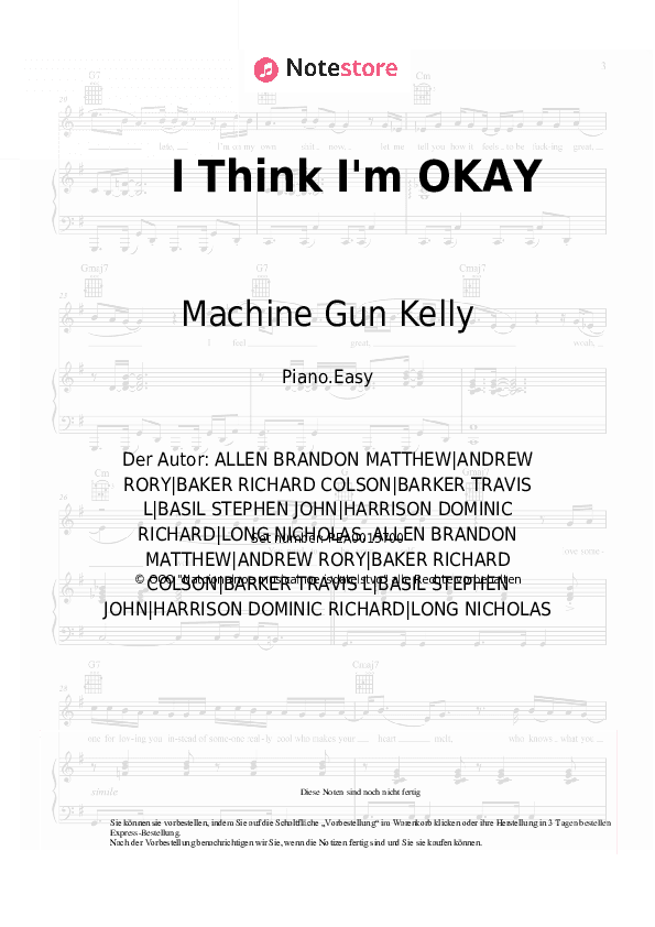 Einfache Noten Machine Gun Kelly, Yungblud, Travis Barker - I Think I'm OKAY - Klavier.Einfach