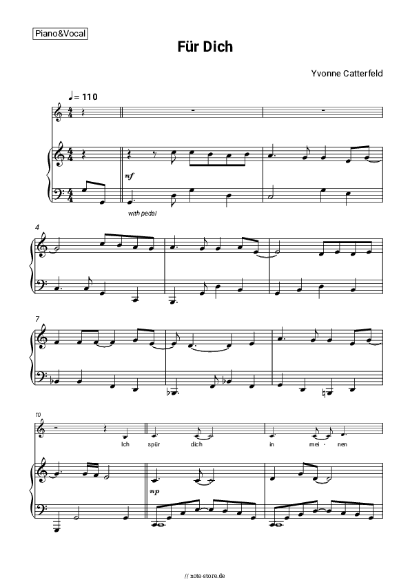 Noten mit Gesang Yvonne Catterfeld - Für Dich - Klavier&Gesang