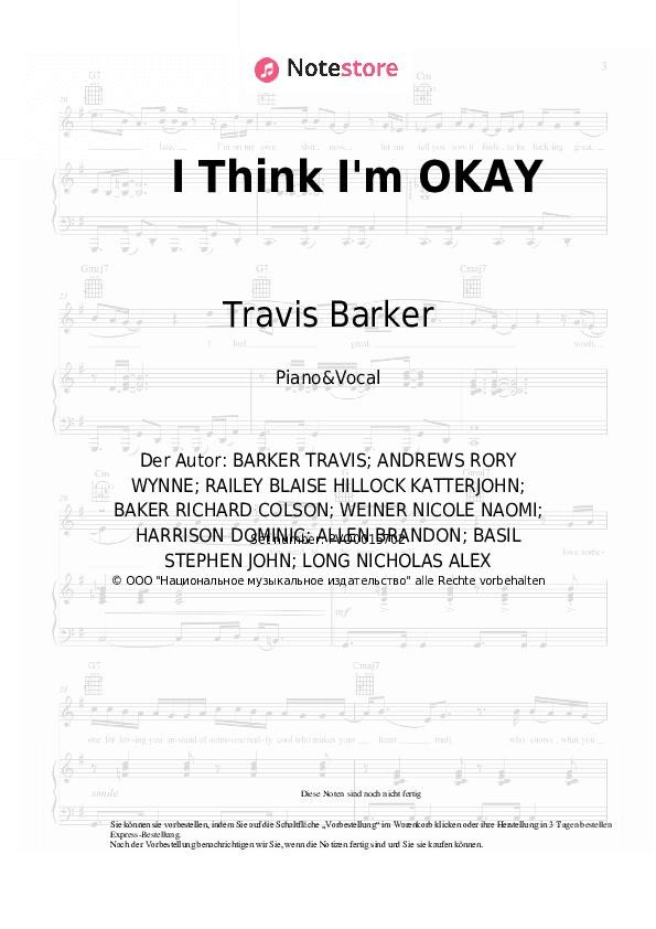 Noten mit Gesang Machine Gun Kelly, Yungblud, Travis Barker - I Think I'm OKAY - Klavier&Gesang