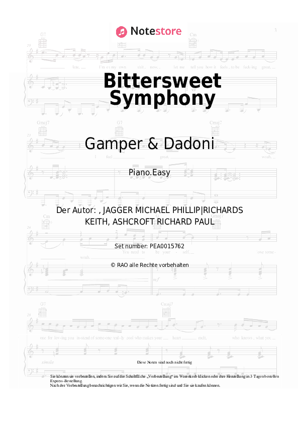 Einfache Noten Gamper & Dadoni, Emily Roberts - Bittersweet Symphony - Klavier.Einfach