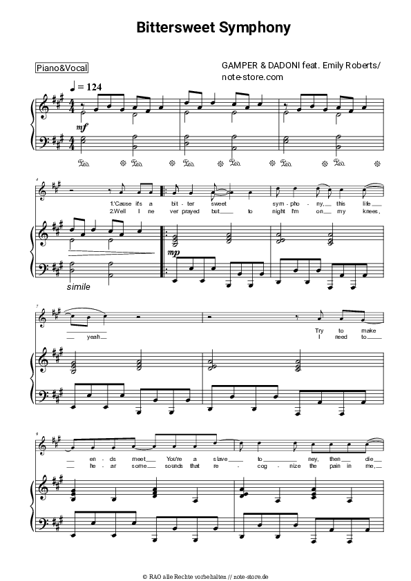 Noten mit Gesang Gamper & Dadoni, Emily Roberts - Bittersweet Symphony - Klavier&Gesang