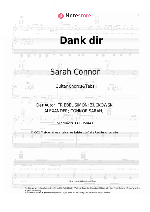 Akkorde Sarah Connor - Dank dir - Gitarren.Akkorde&Tabas