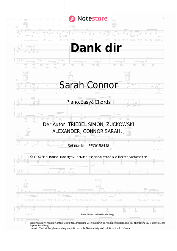 Einfache Noten und Akkorde Sarah Connor - Dank dir - Klavier.Einfach&Akkorde