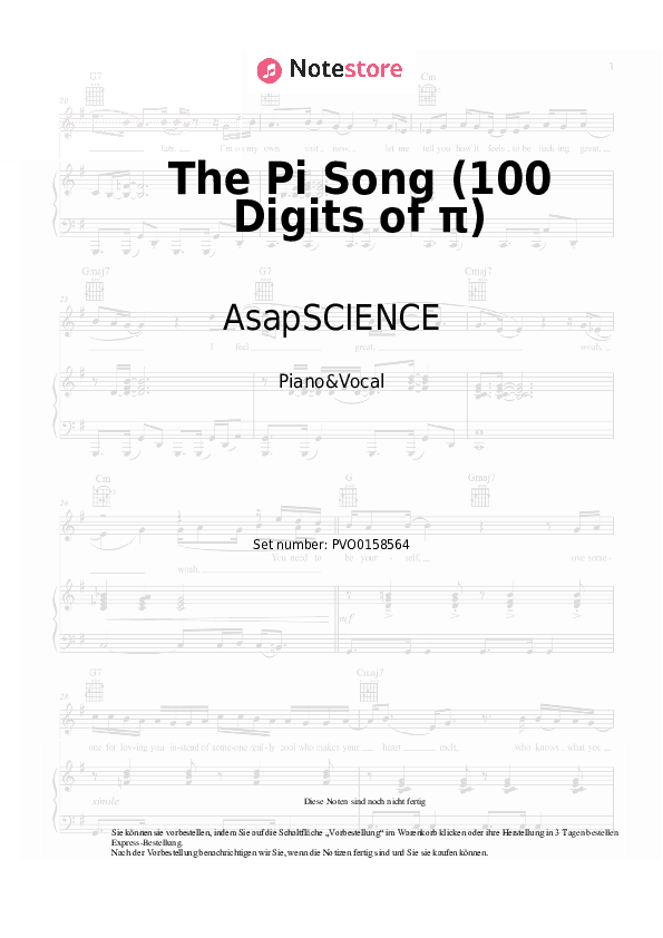 Noten mit Gesang AsapSCIENCE - The Pi Song (100 Digits of π) - Klavier&Gesang