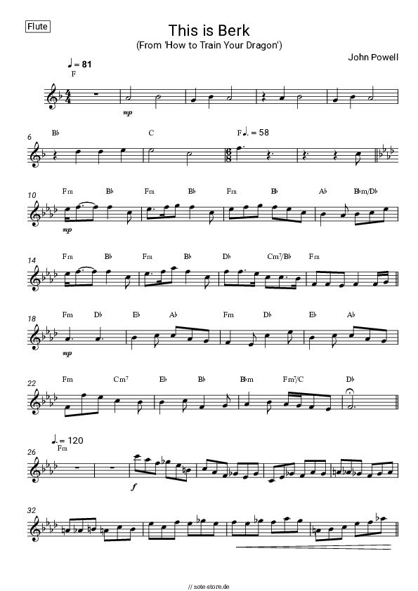 Noten John Powell - This is Berk (From 'How to Train Your Dragon') - Flöte