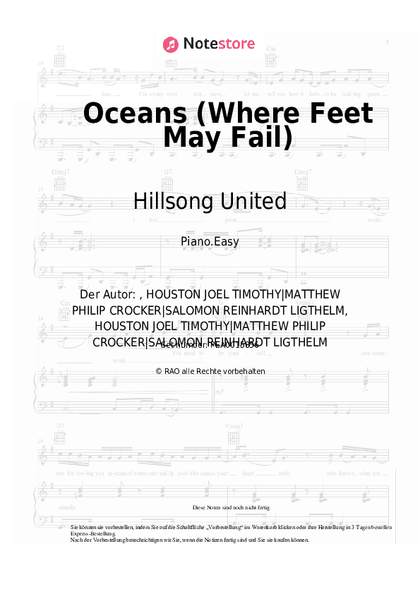 Einfache Noten Hillsong United - Oceans (Where Feet May Fail) - Klavier.Einfach
