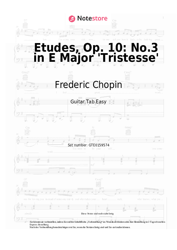 Einfache Tabs Frederic Chopin - Etudes, Op. 10: No.3 in E Major 'Tristesse' - Gitarre.Tabs.Easy