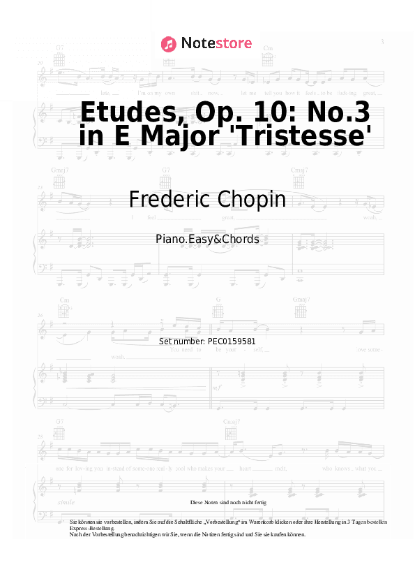 Einfache Noten und Akkorde Frederic Chopin - Etudes, Op. 10: No.3 in E Major 'Tristesse' - Klavier.Einfach&Akkorde