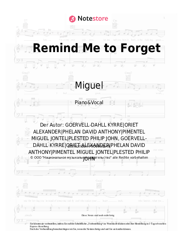 Noten mit Gesang Miguel, Kygo - Remind Me to Forget - Klavier&Gesang