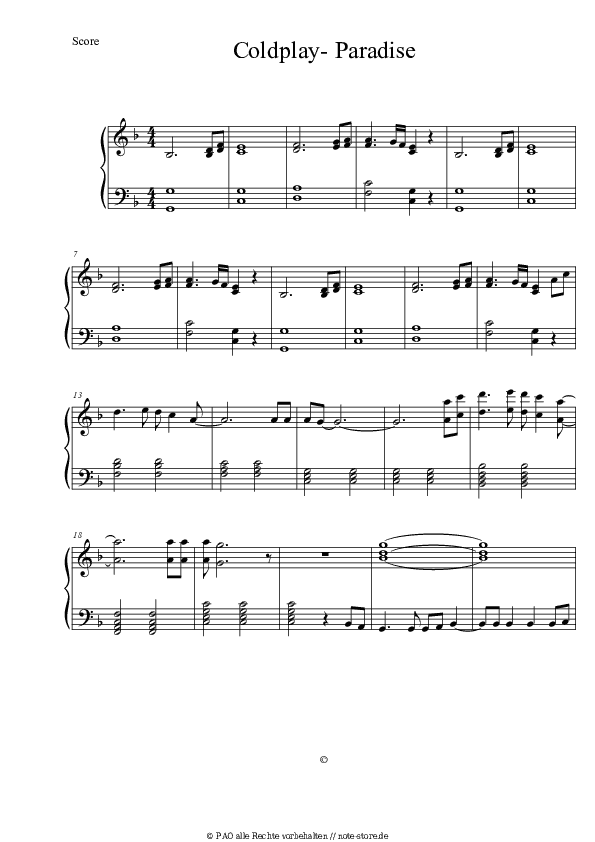 Noten Coldplay - Paradise - Klavier.Solo