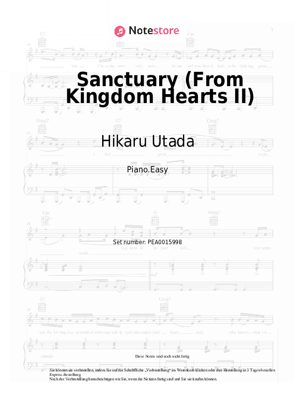 Einfache Noten Hikaru Utada - Sanctuary (From Kingdom Hearts II) - Klavier.Einfach