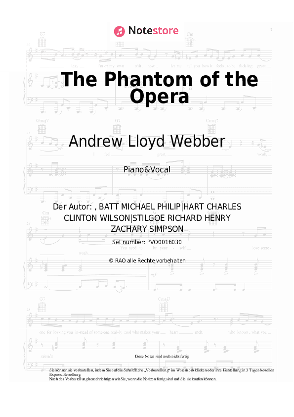 Noten mit Gesang Andrew Lloyd Webber - The Phantom of the Opera - Klavier&Gesang
