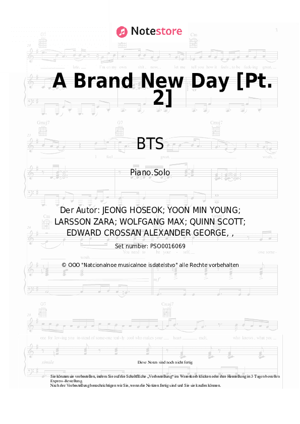 Noten BTS, Zara Larsson, Mura Masa - A Brand New Day [Pt. 2] - Klavier.Solo