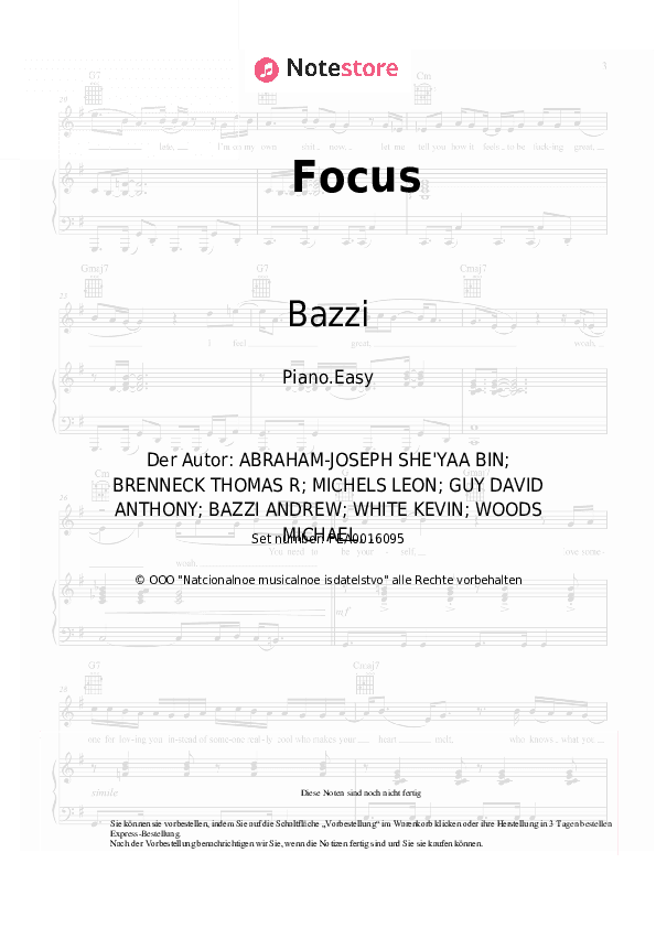 Einfache Noten Bazzi, 21 Savage - Focus - Klavier.Einfach